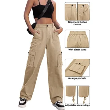 ZMPSIISA Women High Waisted Cargo Pants Wide Leg Casual Pants 6 Pockets Combat Military Trousers(Khaki,Medium)