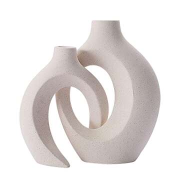 DACOSTIC Hollow Ceramic Vase Set of 2 for Modern Home Decor, White Boho Donut Vases Nordic Minimalis...