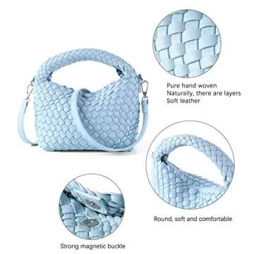 Women Woven Tote Small Crossbody Bag, Weave Quilted Purse Square Shoulder Bag Woven Handbag with Detachable Strap（Blue）