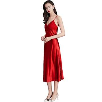 ASHER FASHION Women's Sexy Satin Long Nightgown Lace Slip Lingerie Chemise Robes (US 4-6, Red)