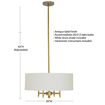 Amazon Brand – Stone & Beam Contemporary Pendant Chandelier with White Shade - 20 x 20 x 42 Inches (Adjustable Height), Antique Brass