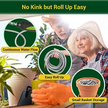 360 GADGET Garden Hose - Water Hose 50 FT with Swivel Handle & 8 Function Nozzle, Flexible, Heavy Duty, No Kink, Lightweight Metal Hose for Outdoor, Yard, 304 Stainless Steel