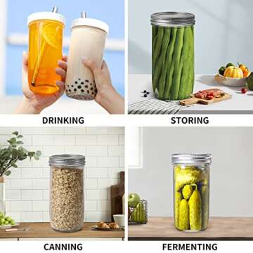 zunmial Glass Cups Set,24oz Wide Mouth Mason Jars with Lids and Straws Reusable Iced Coffee Cups Cup for Bubble Tea Smoothie Juice, Travel Tumbler Drinking Bottle,4 Pack With lids