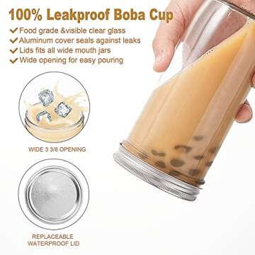 zunmial Glass Cups Set,24oz Wide Mouth Mason Jars with Lids and Straws Reusable Iced Coffee Cups Cup for Bubble Tea Smoothie Juice, Travel Tumbler Drinking Bottle,4 Pack With lids