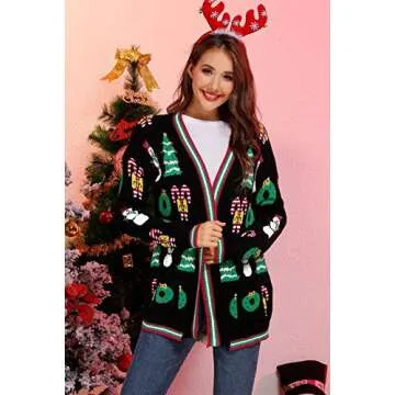 Women's Christmas Funny Graphic Knitted Cardigan Ugly Classic Holiday Elf Sweater Black XL