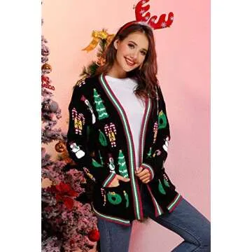 Women's Christmas Graphic Cardigan Ugly Sweater Black XL