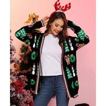 Women's Christmas Graphic Cardigan Ugly Sweater Black XL