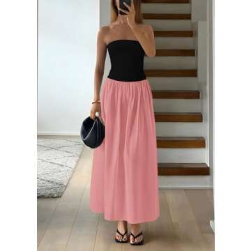 PRETTYGARDEN Women's 2025 Summer Strapless Maxi Dresses Patchwork Long Flowy Elegant Going Out Tube Top Dress with Pockets (Pink,Small)