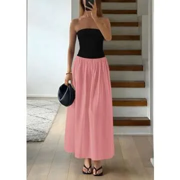 PRETTYGARDEN Women's 2025 Summer Strapless Maxi Dresses Patchwork Long Flowy Elegant Going Out Tube Top Dress with Pockets (Pink,Small)