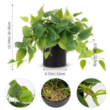 JPSOR Artificial Indoor Plants for Home Decor, 12 inches Pothos in Black Ceramic Pot with Iron Wire, 1 Count