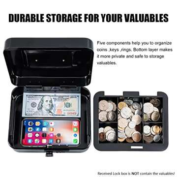 KYODOLED Medium Metal Cash Box with Combination Lock Safe and Money Tray for Security 7.87"x 6.30"x 3.54" Black