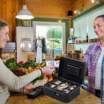 KYODOLED Medium Metal Cash Box with Combination Lock Safe and Money Tray for Security 7.87"x 6.30"x 3.54" Black