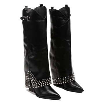 XEYANFYS Women's Studded Knee High Boots Western Style Suede Leather Boots Pointed Toe Low Block Hee...