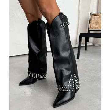 Stylish XEYANFYS Women's Studded Knee High Suede Boots