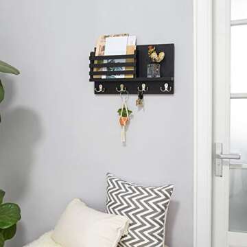 Dahey Wall Mounted Mail Holder Wooden Key Holder Rack Mail Sorter Organizer with 4 Double Key Hooks and A Floating Shelf Rustic Home Decor for Entryway or Mudroom,15.7" W x9.3 Hx3.2 D, Black