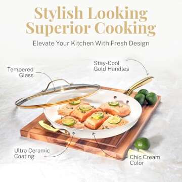 Gotham Steel 14 Inch Non Stick Frying Pan, Nonstick Skillet with Lid, PFOA Free Ceramic Cooking Pan, Dishwasher Safe, Cream White