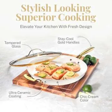 Gotham Steel 14 Inch Non Stick Frying Pan, Nonstick Skillet with Lid, PFOA Free Ceramic Cooking Pan, Dishwasher Safe, Cream White