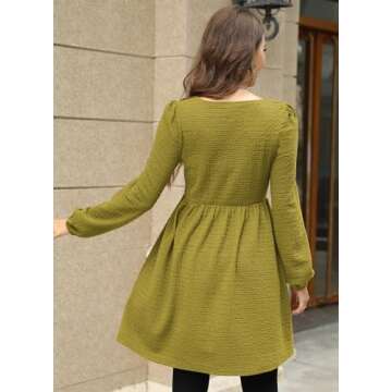 Doreyi Teacher Dresses for Women Long Sleeve Square Neck Empire Waist Work Dress Green Yellow