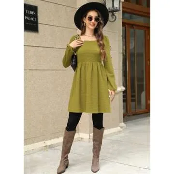 Doreyi Long Sleeve Square Neck Empire Waist Work Dress