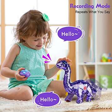 Koonie Dinosaur Toys for Girls, 2 Year Old Girl Toys, Purple Dinosaur Remote Control Reversible Sequins Dinosaur Toy Can Repeat Walk Roar Sing, Christmas Birthday Gifts for 2-7 Years Old Kids Toddlers