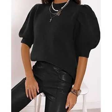 Women's Puff Short Sleeve Sweater Tops 2025 Spring Summer Trendy Crew Neck Casual T Shirts Blouses Black