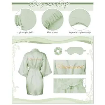 Jecery 7 Pcs Bridesmaid Robe Sets Bride Silk Satin Bridal Party with Sleeping Eye Mask and Elastic Headband(White, Light Green)