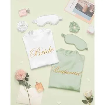 Jecery 7 Pcs Bridesmaid Robe Sets Bride Silk Satin Bridal Party with Sleeping Eye Mask and Elastic Headband(White, Light Green)