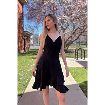 ULTRANICE Black Summer Dress Womens 2024 Sundresses Spring Casual Wrap Flowy Midi Vestidos Outfits Clothes Wedding Guest Semi Formal Graduation Party V Neck Spaghetti Strap Dresses(Black,M)