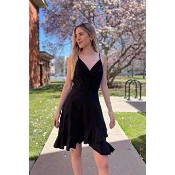 ULTRANICE Black Summer Dress Womens 2024 Sundresses Spring Casual Wrap Flowy Midi Vestidos Outfits Clothes Wedding Guest Semi Formal Graduation Party V Neck Spaghetti Strap Dresses(Black,M)