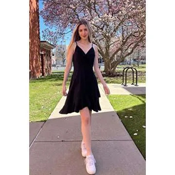 ULTRANICE Black Summer Dress Womens 2024 Sundresses Spring Casual Wrap Flowy Midi Vestidos Outfits Clothes Wedding Guest Semi Formal Graduation Party V Neck Spaghetti Strap Dresses(Black,M)