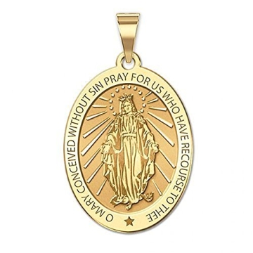 PicturesOnGold.com Miraculous Medal Oval Pendant - Solid 14K Gold, Custom Engraving Available