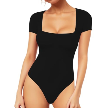 MANGOPOP Black Bodysuit for Women - Square Neck Short Sleeve Top