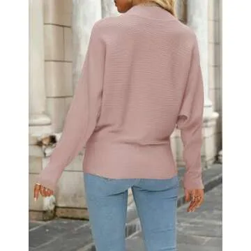 ZESICA Women's Fall Turtleneck Batwing Long Sleeve Ribbed Knit Casual Soft Pullover Sweater Jumper Top,Pink,Large