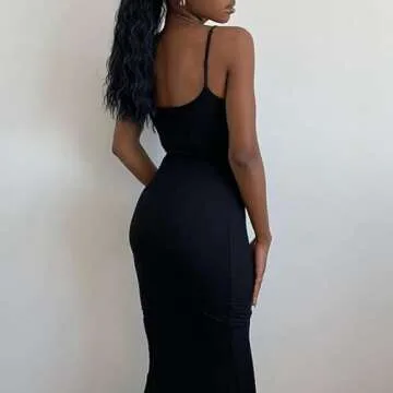 DSORVICD Womens Sexy Hollow Out Maxi Dress Sleeveless Spaghetti Strap Low Cut Cami Bodycon Long Dress Club Party Dress Black
