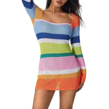 Huppeiiy New Women Sexy Crochet Knitted Dress Summer Beach Hawaii Dress (Multicolor 02,M)