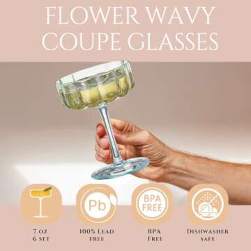 Khen Flower Vintage Wavy Glass Coupes Martini, Champagne & Cocktail Coupes - Set of 6-7oz Colorful C...