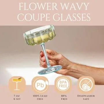 Khen Flower Vintage Wavy Glass Coupes Martini, Champagne & Cocktail Coupes - Set of 6-7oz Colorful C...