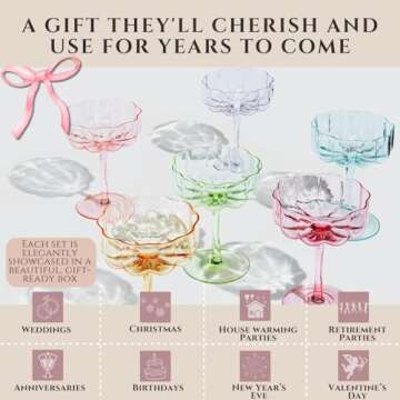 Khen Flower Vintage Wavy Glass Coupes Martini, Champagne & Cocktail Coupes - Set of 6-7oz Colorful Cocktail Glasses & Champagne, Prosecco, Mimosa Glassware Copyright Design - Bright Colors