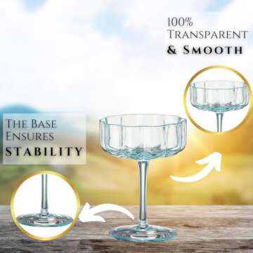 Khen Flower Vintage Wavy Glass Coupes Martini, Champagne & Cocktail Coupes - Set of 6-7oz Colorful Cocktail Glasses & Champagne, Prosecco, Mimosa Glassware Copyright Design - Bright Colors