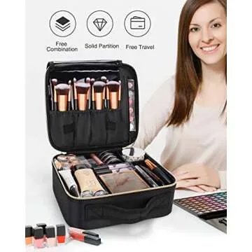 MONSTINA Makeup Train Cases, Professional Travel Makeup Bag, Portable Organizer Storage Bag for Cosmetics Makeup Brushes Toiletry Travel Accessories Black Small