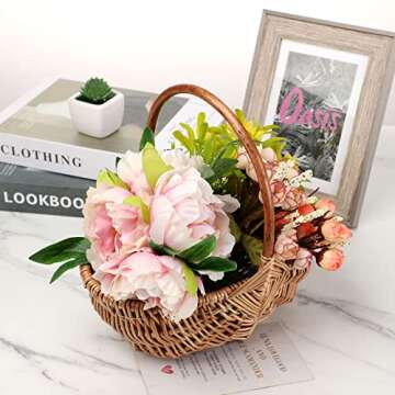 WYI Rattan Flower Basket, Handmade Wicker Planter Basket with Plastic Liner and Handle, Woven Storag...