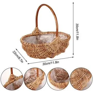 WYI Rattan Flower Basket, Handmade Wicker Planter Basket with Plastic Liner and Handle, Woven Storage Basket for Home Wedding Garden Decoration, Brown L 42T235PY1428JB2