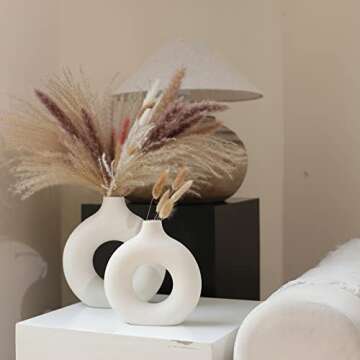 Babuenen White Ceramic Vase Set 2 for Modern Home Decor, Hollow Round Matte Pampas Flower Vases - Nordic Minimalism Boho Style Decor for Wedding Dinner Table Party Living Room Office Bedroom