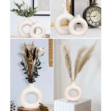 Babuenen White Ceramic Vase Set 2 for Modern Home Decor, Hollow Round Matte Pampas Flower Vases - Nordic Minimalism Boho Style Decor for Wedding Dinner Table Party Living Room Office Bedroom