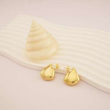 NIXMAX Chunky Gold Earrings for Women Trendy, 18k Gold Plated Statement Drop Earrings for Women Big Designer Dupes Fin Stud Hoop Earring Golden Hypoallergenic Trending Jewelry Gifts Size S