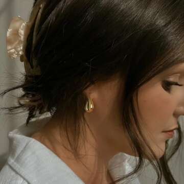 NIXMAX Chunky Gold Earrings for Women Trendy, 18k Gold Plated Statement Drop Earrings for Women Big Designer Dupes Fin Stud Hoop Earring Golden Hypoallergenic Trending Jewelry Gifts Size S