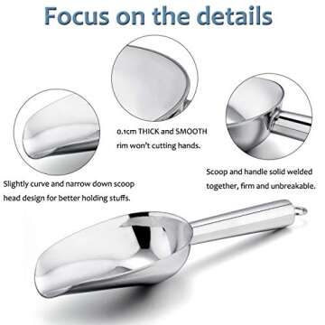 E-far Mini Ice Scoop Set of 2, 3 Ounce Stainless Steel Scoops for Ice Cube/Candy/Flour/Sugar, Metal Utility Scoops for Canisters, Baking, Kitchen Pantry, Rust Proof & Dishwasher Safe