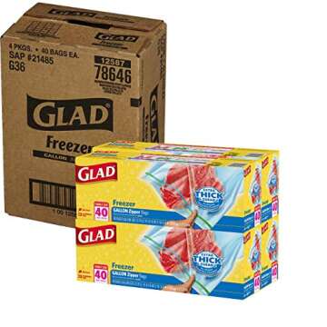 Glad Zipper Freezer Storage Plastic Bags, Gallon, set of 4 x 40 bags -Package May Vary