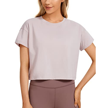 CRZ YOGA Women's Pima Cotton Workout Short Sleeve Shirts Loose Crop Tops Athletic Gym Shirt Casual C...