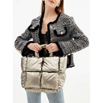 Puffer Tote Bag Women's Glossy Quilted Zipper Closure Puffy Tote Bag Down Padded Shoulder Bag Cute Handbag Aesthetic Handbag (Blue)